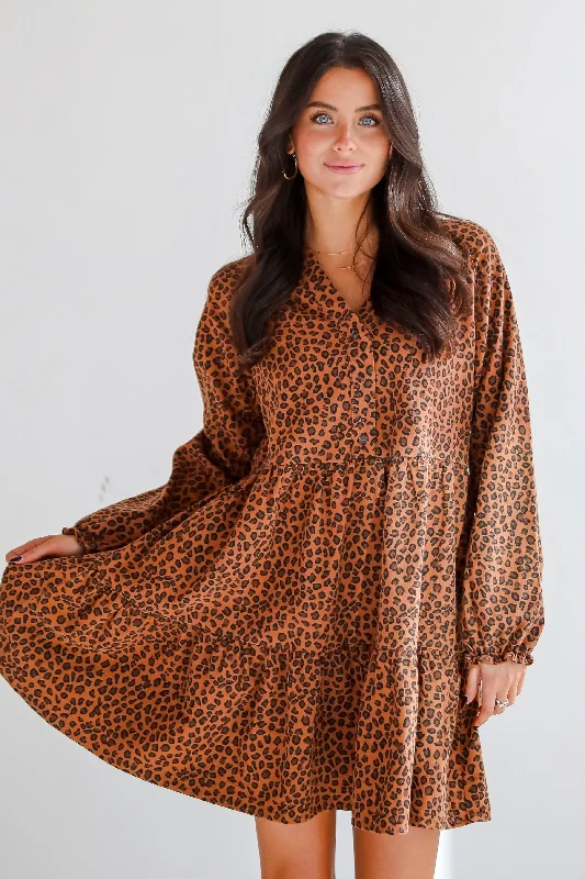 TIME-Limited Offer Fierce Charm Camel Leopard Tiered Mini Dress