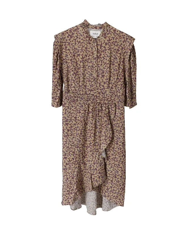 Weekend Deal Ba&Sh Ruffled Midi Dress in Beige Print Viscose