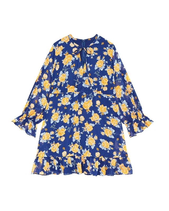 Limited Time Offer Rosemont Chiffon Long Sleeve Dress | Navy / Yellow
