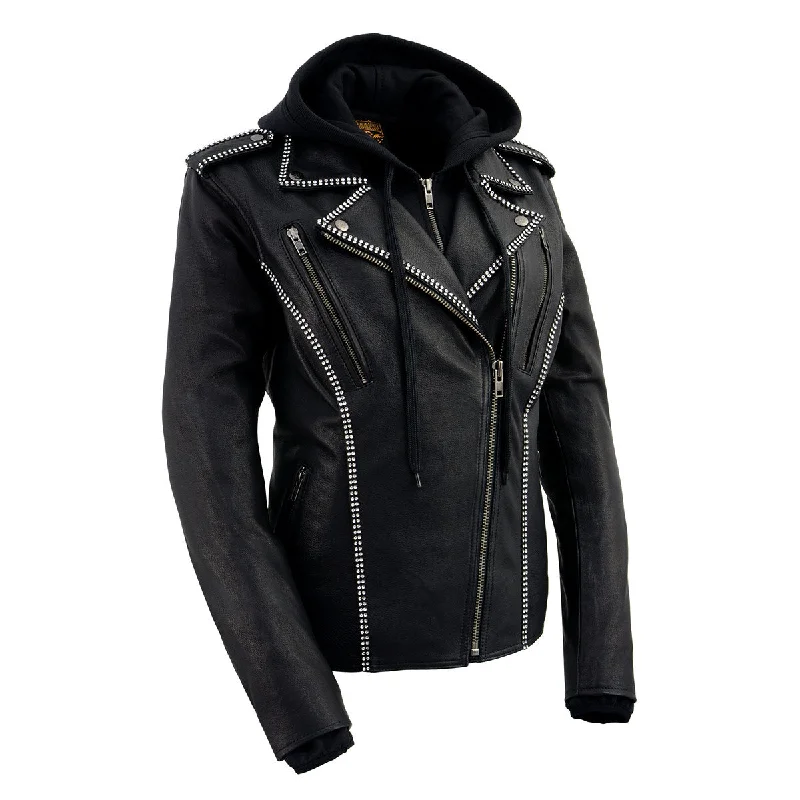 Savings Galore Milwaukee Leather MLL2503 Women's Black 'Bedazzled' Leather Moto Jacket with Hoodie Savings Galore Milwaukee Leather MLL2503 Women's Black 'Bedazzled' Leather Moto Jacket with Hoodie
