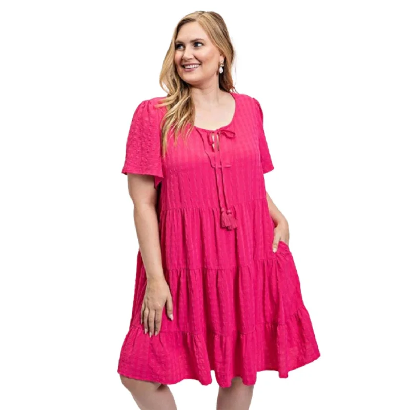 Stock Clearance Textured woven tiered dress with tassel tie and pockets