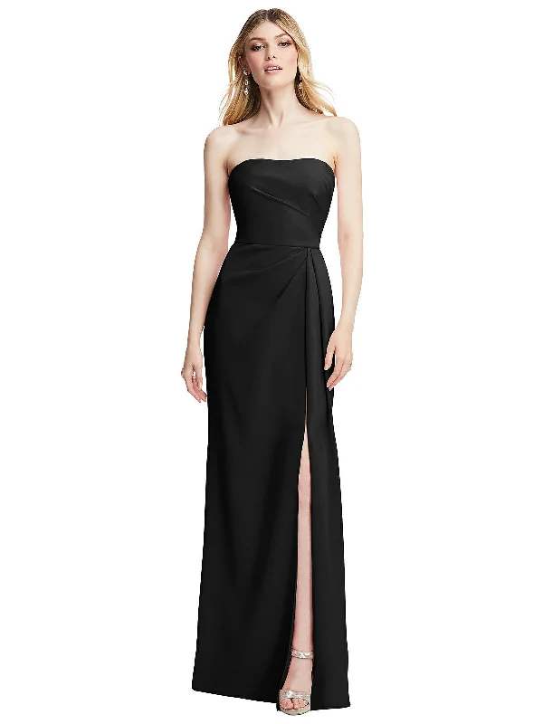 Overstock Strapless Pleated Faux Wrap Trumpet Gown with Front Slit