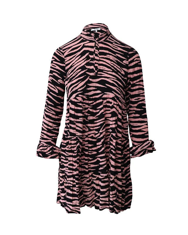 Closeout Ganni Leopard Print Long Sleeve Mini Dress in Black and Pink Viscose