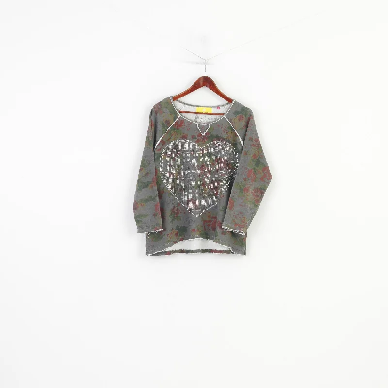 Exclusive Offers Lieblingsstock Woman L Shirt Khaki Long Sleeve Heart Graphic Vintage Crew Neck Cotton Flower Print Top
