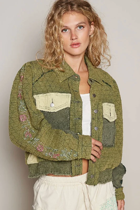 Value Deals POL Embroidered Sleeve Raw Edge Quilted Jacket