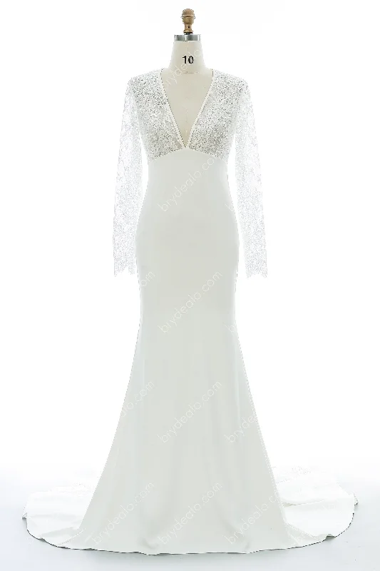 Closeout Sale Elegant Illusion Lace Crepe Mermaid Wedding Dress