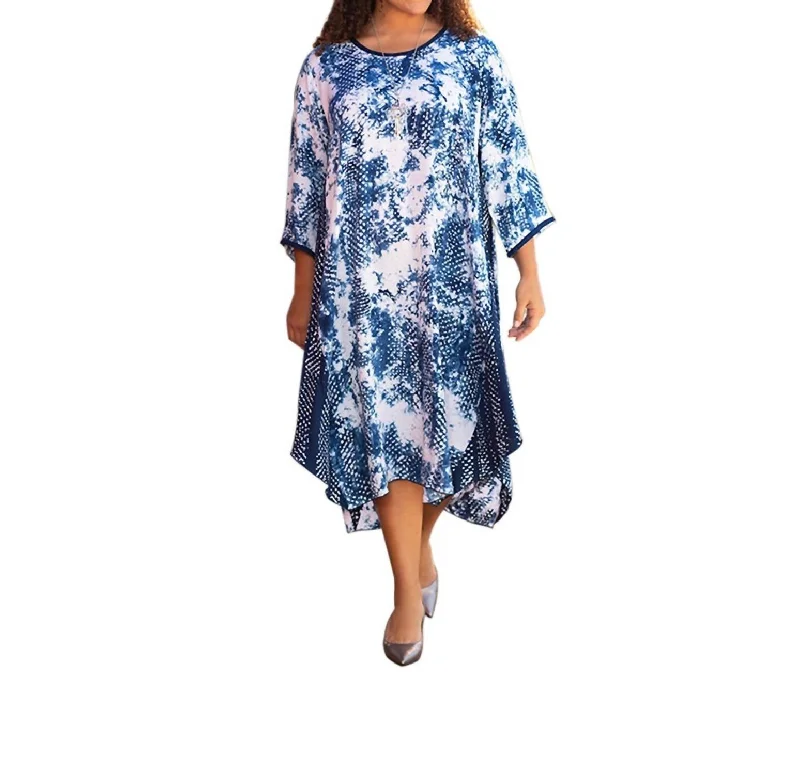 Lowest Price Printed Rayon 3/4 Sleeve Edyth Dress - Plus Size In Ari Navy Dot
