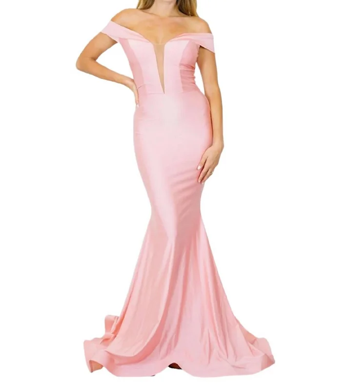 Huge Discounts Long Off Shoulder Formal Gown In Bubblegum