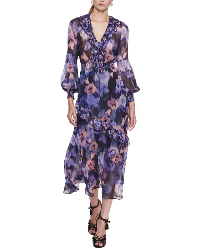 Exclusive Deal Marchesa Notte Ruffled V-Neck Domain Silk-Blend Dress