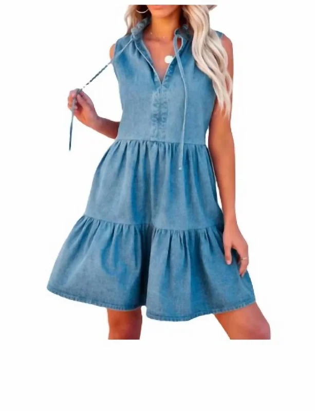 Price Break Tiered Denim Dress In Blue