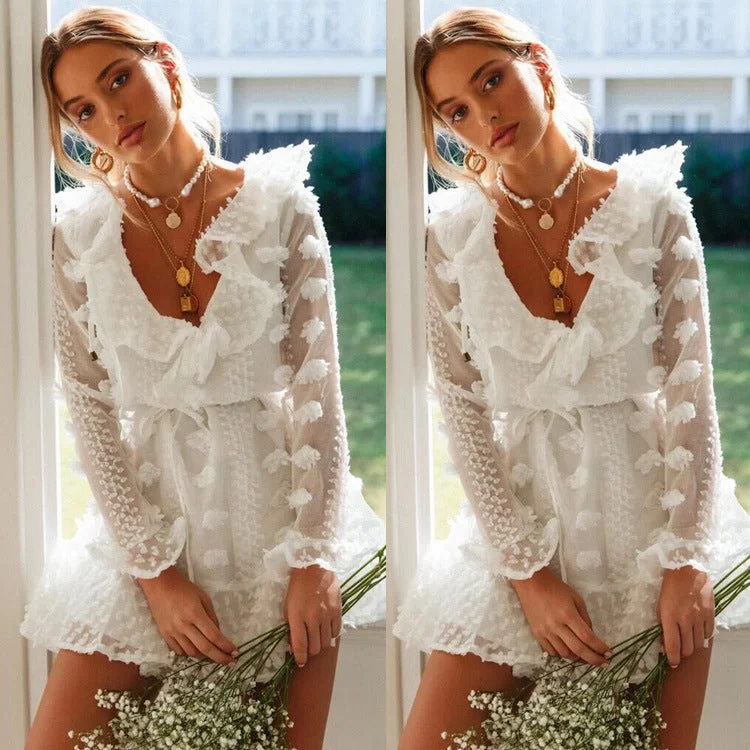 Discount Deals White Lace Flapper V Neck Long Sleeve Dress