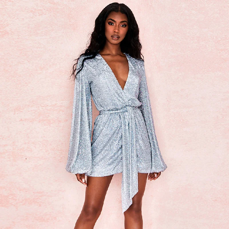 Unmissable Offer Silver Sequin Belt Bodycon Lantern Sleeve Dress