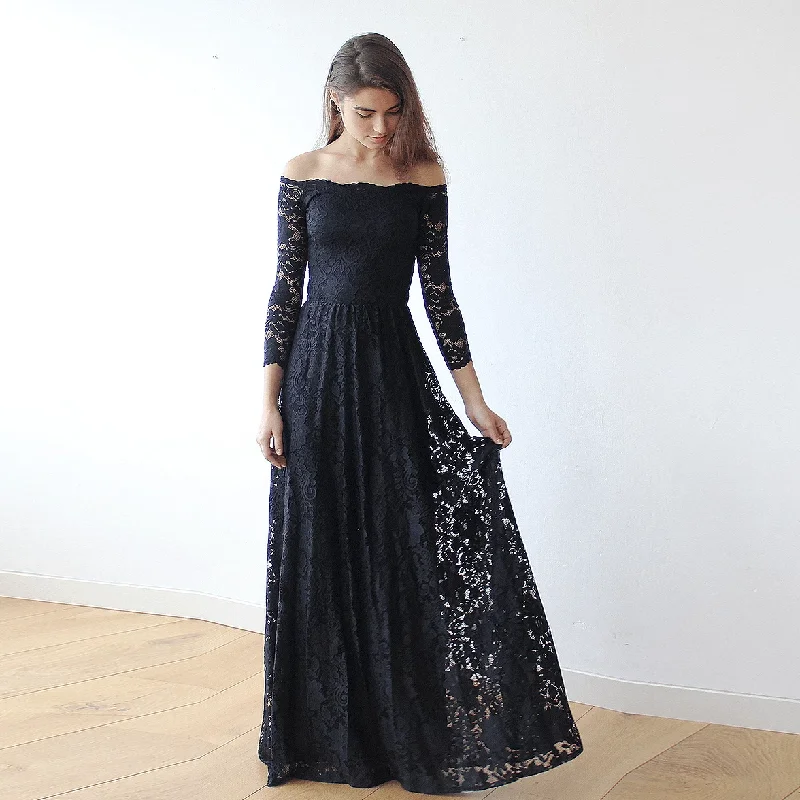 Don't Miss Off-The-Shoulder Black Floral Lace Long Sleeve Maxi Dress 1119