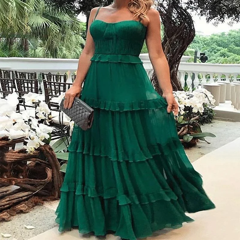 Mega Sale Green Spaghetti Strap Ruffle Strapless Tuxedo Maxi Dress
