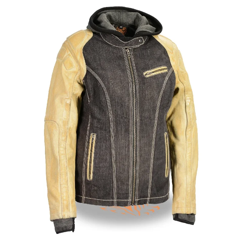 Stock Clearance Milwaukee Leather MDL2005 Ladies Hooded Two Tone Black and Beige Denim and Leather Scuba Jacket Stock Clearance Milwaukee Leather MDL2005 Ladies Hooded Two Tone Black and Beige Denim and Leather Scuba Jacket