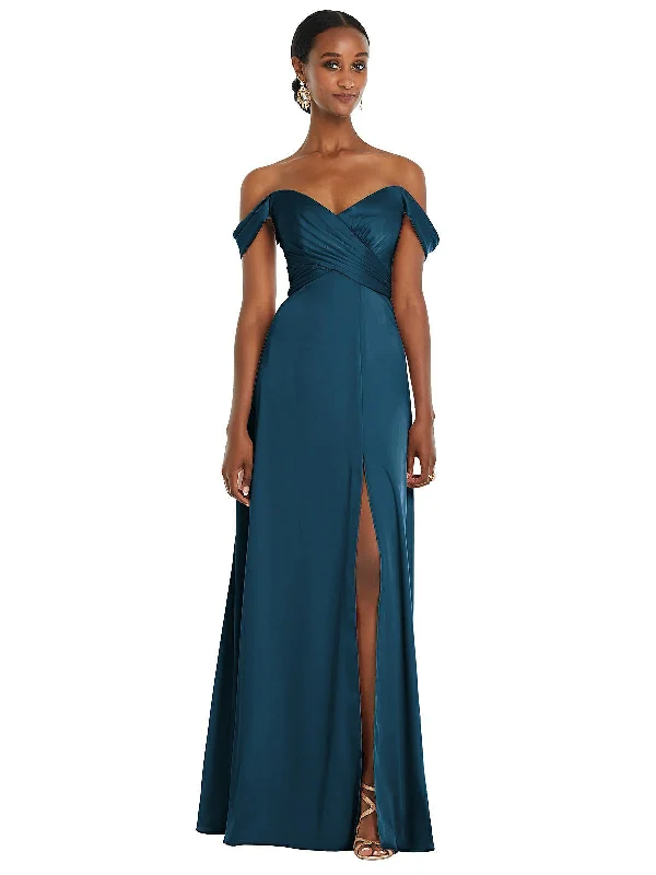 Price Meltdown Off-the-Shoulder Flounce Sleeve Empire Waist Gown with Front Slit