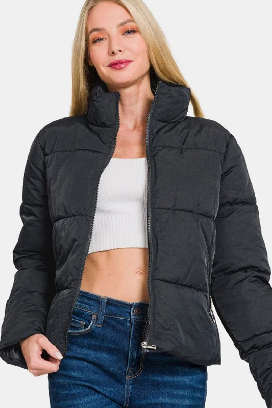 Special Offer Zenana Zip Up Turtleneck Puffer Jacket with Pockets In Black