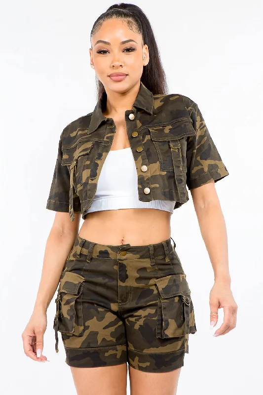 Holiday Sale American Bazi Full Size Camouflage Short Sleeve Cropped Jacket