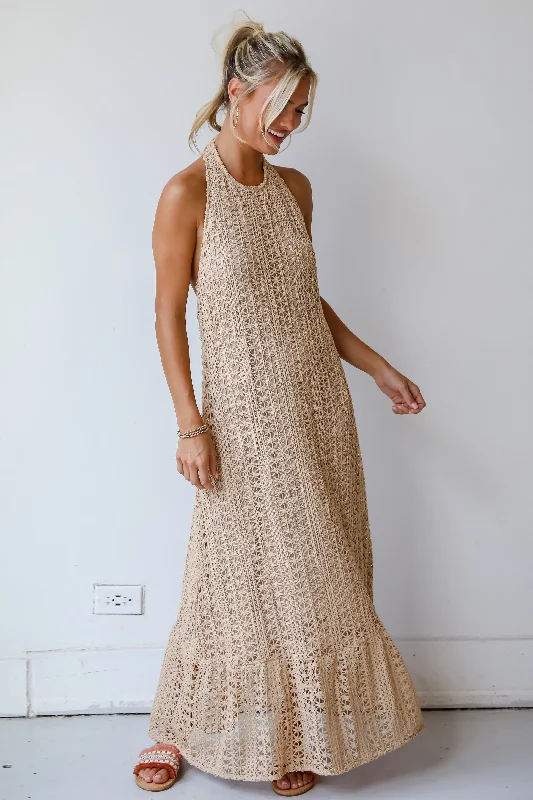 Take Advantage FINAL SALE - Divine Intentions Taupe Crochet Knit Halter Maxi Dress