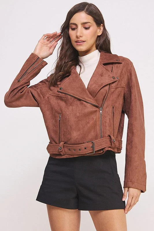 Instant Savings Belted Long Sleeve Zippered Suede Moto Jacket