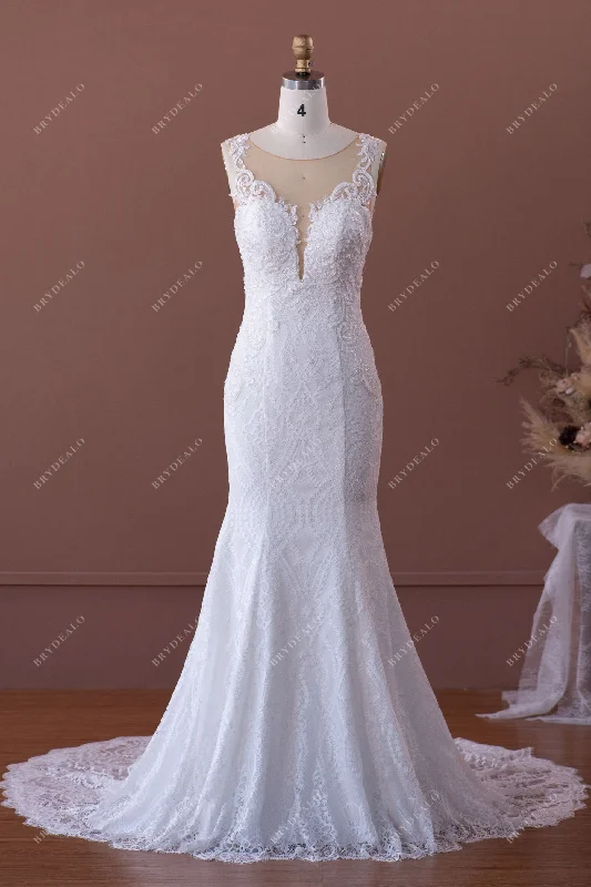 Must-Have Deals Beaded Lace Illusion Neck Mermaid Wedding Dress