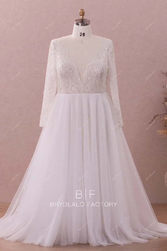 Markdown Madness Illusion Sleeved Lace Tulle Plus Size Bridal Dress