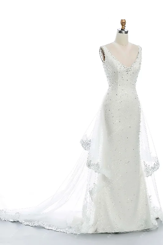Closeout Sequin V-neck Ruffled Tulle Mermaid Wedding Dress