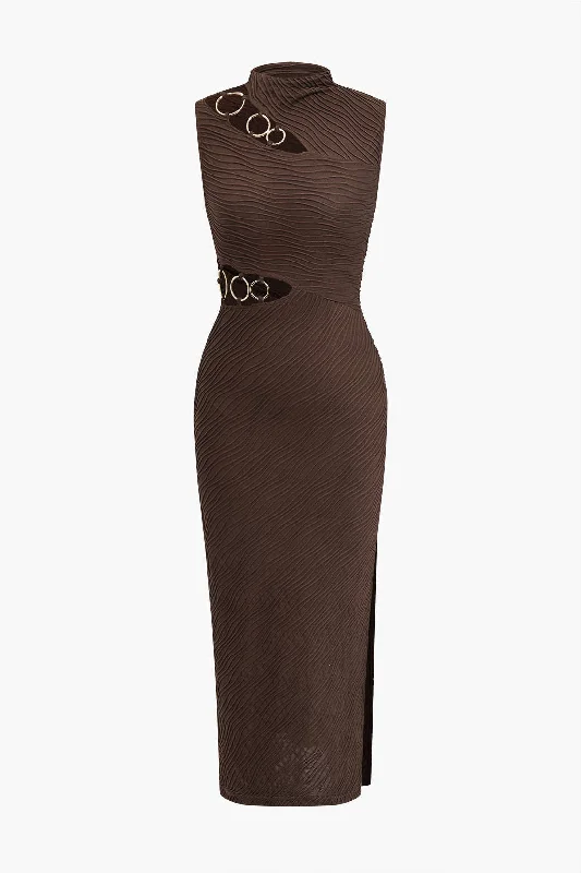 Friends and Family Sale Solid Metallic Tank Cut Out Asymmetrical Midi Dress