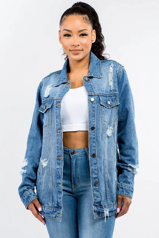 Hot Deal American Bazi Full Size Button Up Distressed Denim Jacket