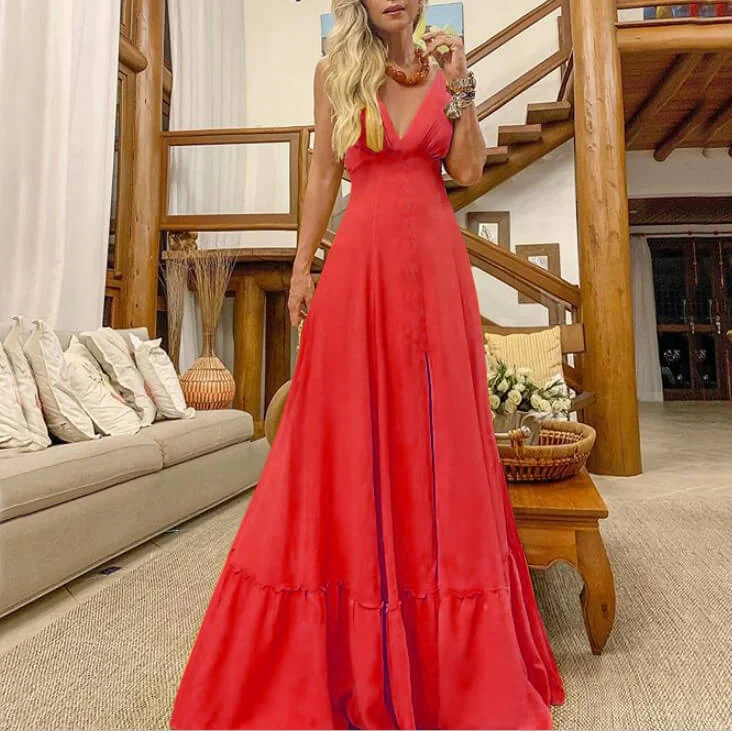 Loyalty Reward Spaghetti Strap V Neck Plain Maxi Dress