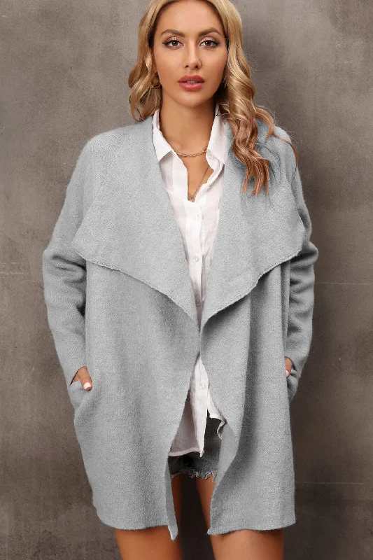 Super Deal Waterfall Collar Longline Cardigan with Side Pockets