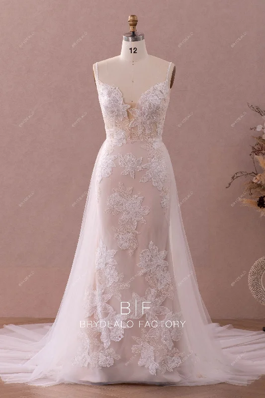 Special Buy Organic Flower Lace Plunging Wedding Dress with Removable Overskirt