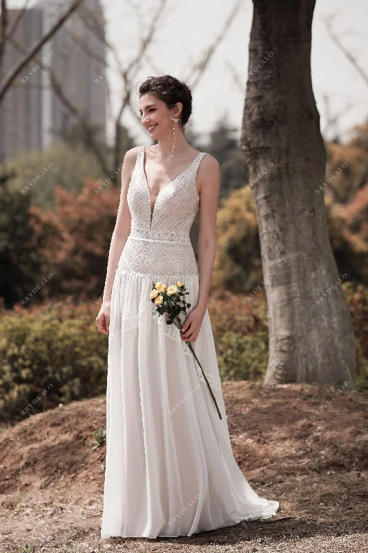 Closeout Strap Plunging Flowy Chiffon Boho Wedding Dress