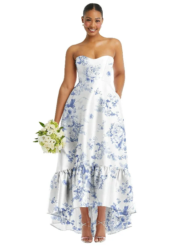 Final Clearance Strapless Floral High-Low Ruffle Hem Maxi Dress with Pockets