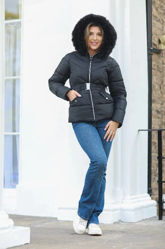 Super Deal Double Second Black Padded Short Belted Puffer