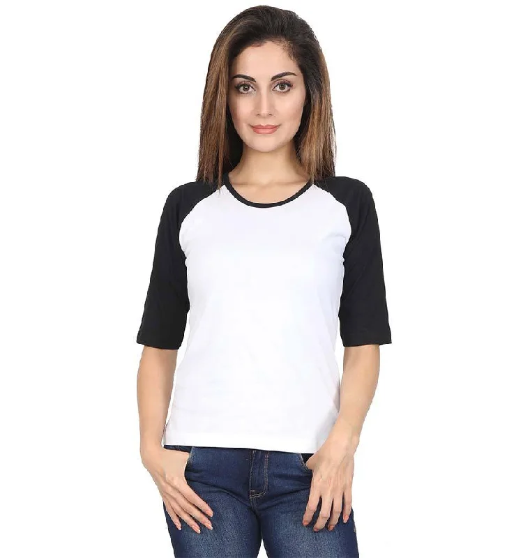 Discount Deals Plain Black-White Raglan Full Sleeves T-Shirt For Women