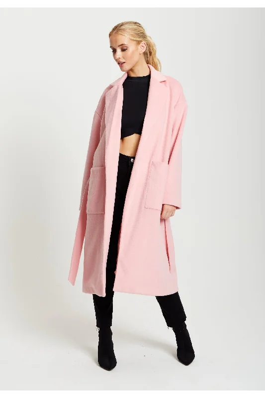 Deal Zone Liquorish Belted Longline Coat In Pink