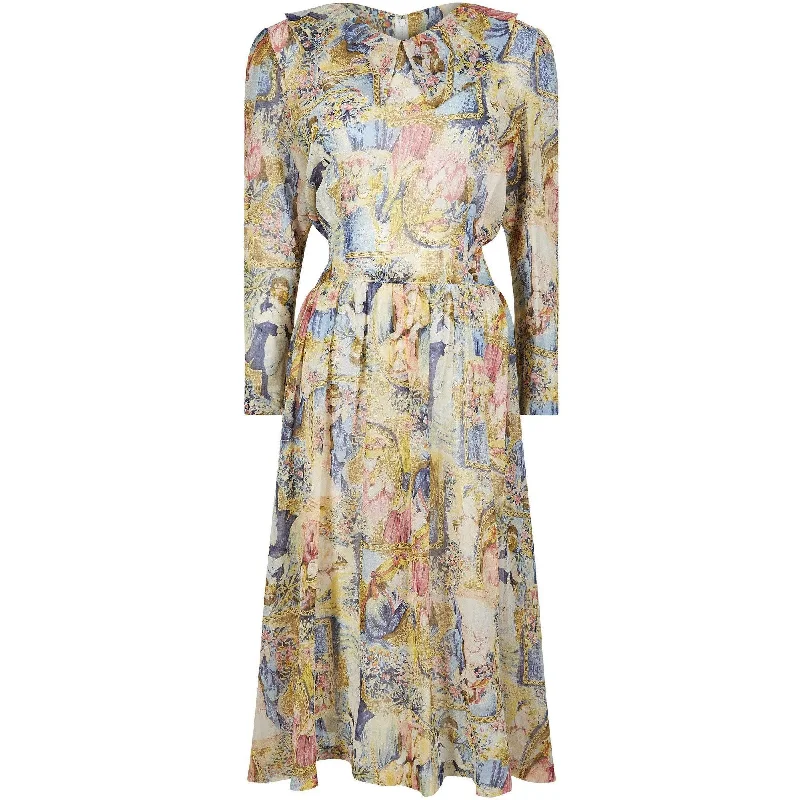 Don’t Miss Out 1970s Novelty Printed Chiffon Pastel Shade Dress With Sash Belt