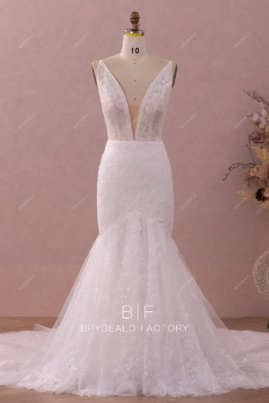 New Deals Deep V-Neck Illusion Lace Mermaid Chapel Train Wedding Dress