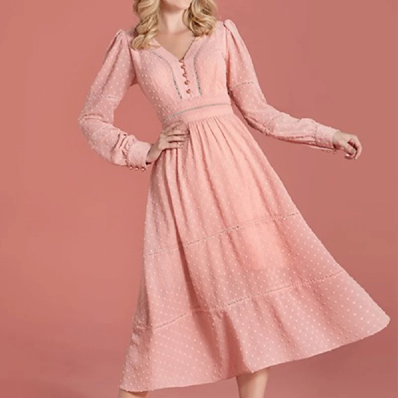 Amazing Deals Elegant Pink Long Sleeve High Waist Dress