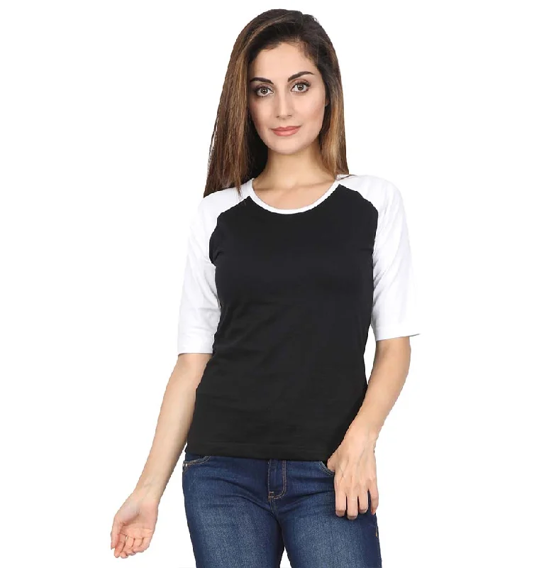 Closeout Plain White-Black Raglan Full Sleeves T-Shirt For Women
