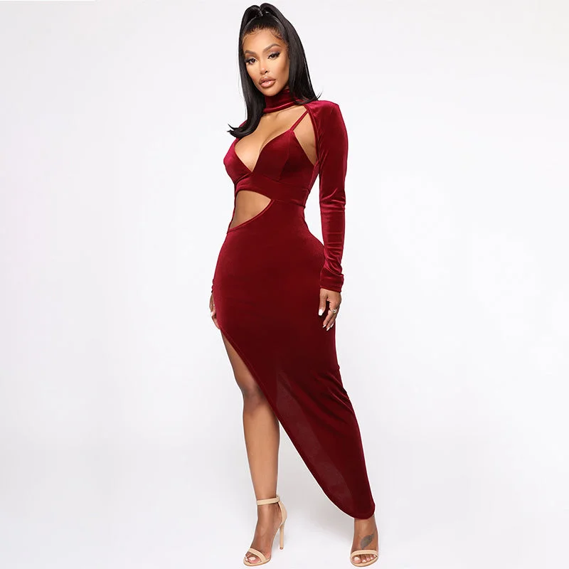 Buy Now Velvet Cutout Slit Long Sleeve Bodycon Dress