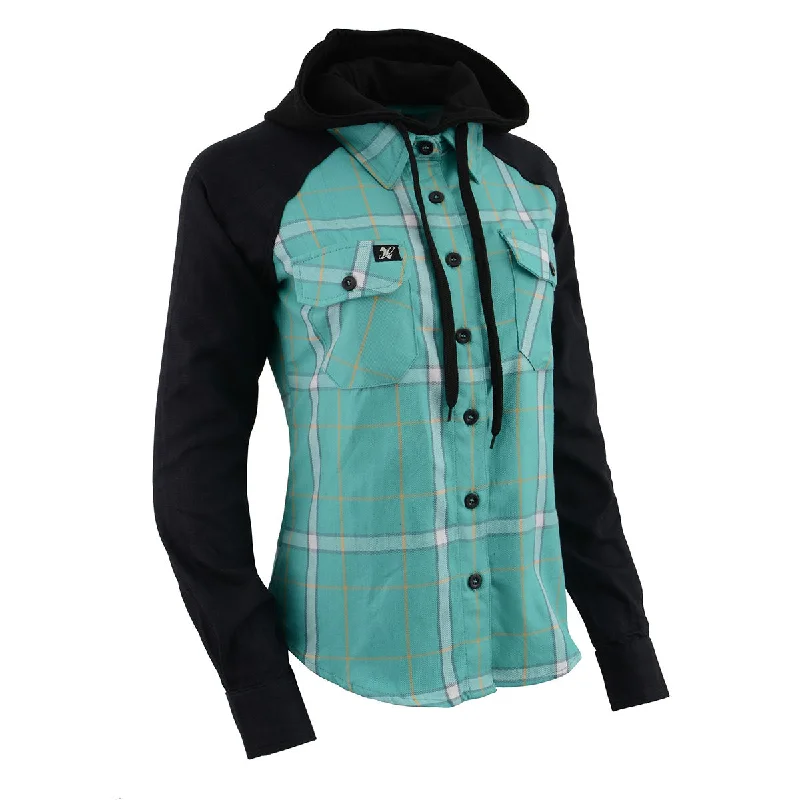 Special Discount Milwaukee Leather MNG21601 Women's Casual Black and Teal Long Sleeve Cotton Flannel Shirt with Hoodie Special Discount Milwaukee Leather MNG21601 Women's Casual Black and Teal Long Sleeve Cotton Flannel Shirt with Hoodie