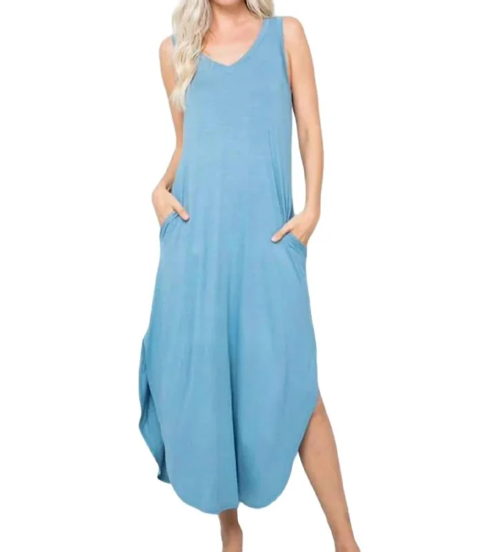 The Best Prices Darlene Soft Knit Jersey Sleeveless Dress In Chambray Blue