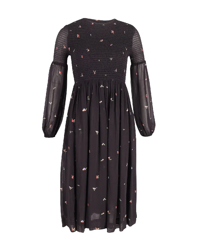 Year-End Sale Ganni Shirred Georgette Midi Dress in Floral-Print Viscose