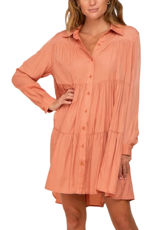 Limited Availability Tiered Button Down Dress In Peach