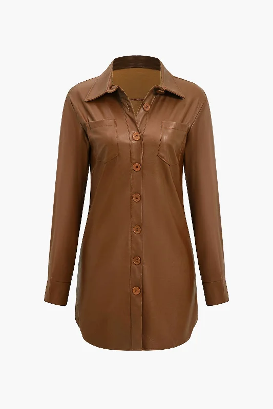 Bonus Savings Solid Faux Leather Button Long Sleeve Mini Dress