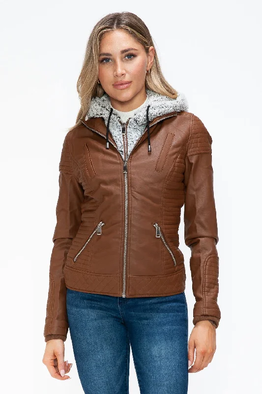 Super Sale YMI Faux Layered Double-Zipper Jacket with Fuzzy Hood In Rust
