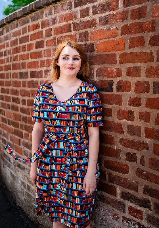 Price Cut Connie Bookshelf Print Cotton Tie Waist Dress