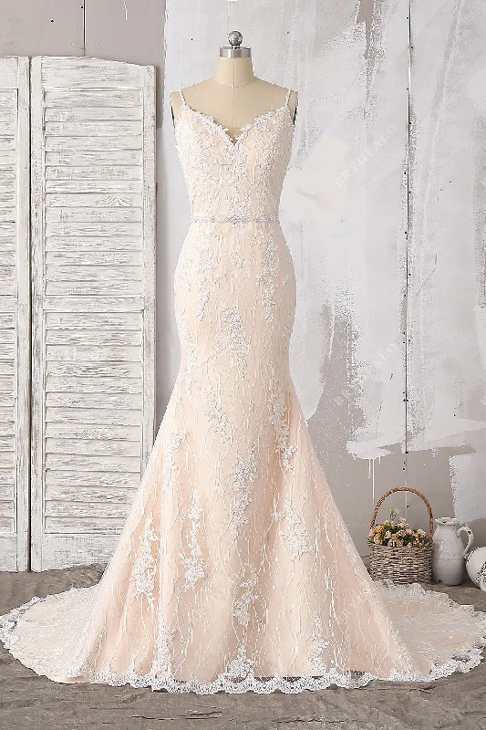 Doorbuster Deal Beaded Lace Straps V-back Mermaid Bridal Dress